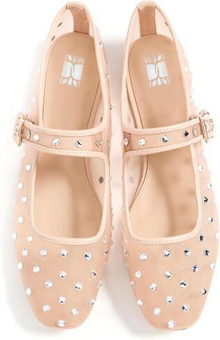 VARECOLA Women's Rhinestone Mesh Mary Jane Flats, Comfortable Square Toe Shoes with Buckle Strap Stylish for Wedding Party Work Casual in Saudi Arabia