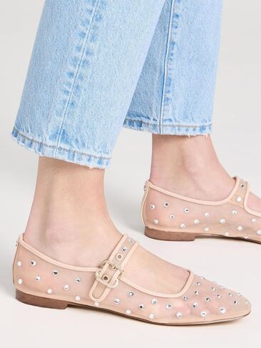 VARECOLA Women's Rhinestone Mesh Mary Jane Flats, Comfortable Square Toe Shoes with Buckle Strap Stylish for Wedding Party Work Casual in Saudi Arabia