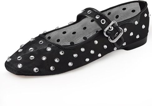 VARECOLA Women's Rhinestone Mesh Mary Jane Flats, Comfortable Square Toe Shoes with Buckle Strap Stylish for Wedding Party Work Casual in Saudi Arabia