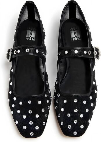 VARECOLA Women's Rhinestone Mesh Mary Jane Flats, Comfortable Square Toe Shoes with Buckle Strap Stylish for Wedding Party Work Casual in Saudi Arabia