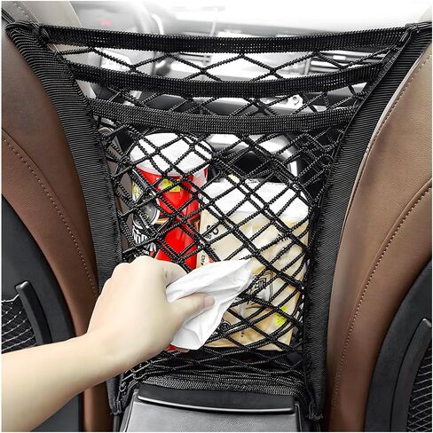 3-Layer Car Mesh Organizer, Seat Back Net Bag Stretchable Barrier of Backseat Pet Kids, Four-Side Elastic Storage Netting Pouch Cargo Tissue Purse Holder Between Front Seats in Saudi Arabia