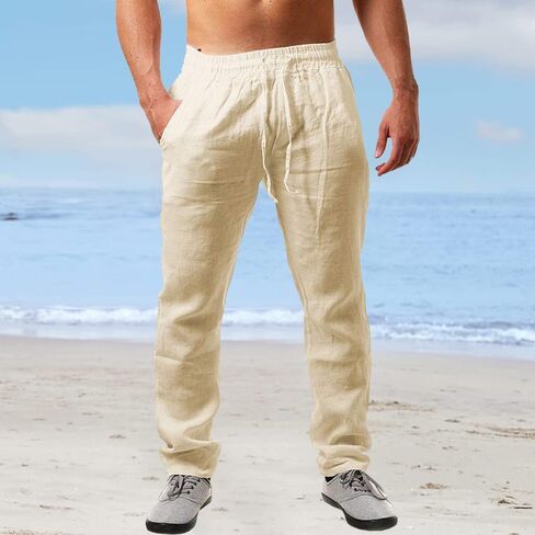 Men's Linen Casual Pants - Elastic Drawstring Waist, Loose Fit Straight Leg in Saudi Arabia