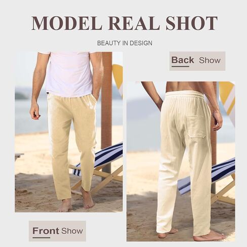 Men's Linen Casual Pants - Elastic Drawstring Waist, Loose Fit Straight Leg in Saudi Arabia