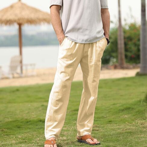 Men's Linen Casual Pants - Elastic Drawstring Waist, Loose Fit Straight Leg in Saudi Arabia