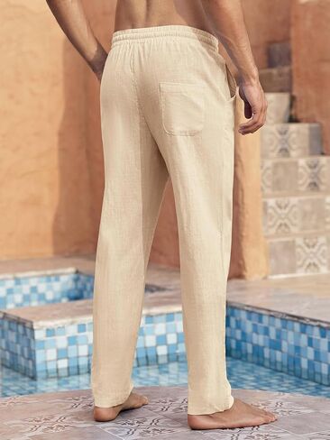 Men's Linen Casual Pants - Elastic Drawstring Waist, Loose Fit Straight Leg in Saudi Arabia