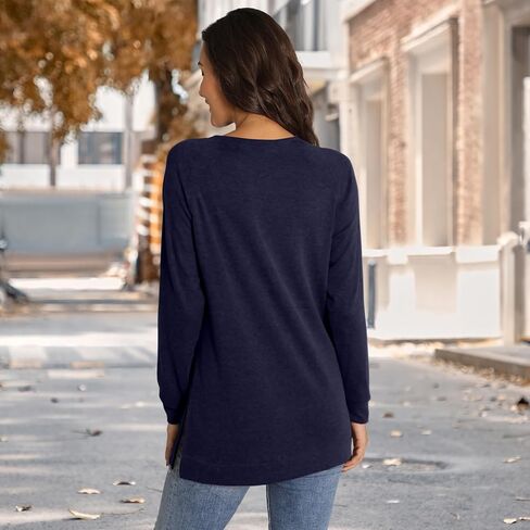 Womens Long Sleeve Shirts Casual Crewneck Blouses Fashion Side Split Tunic Tops for Leggings in Saudi Arabia