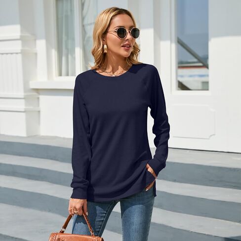 Womens Long Sleeve Shirts Casual Crewneck Blouses Fashion Side Split Tunic Tops for Leggings in Saudi Arabia