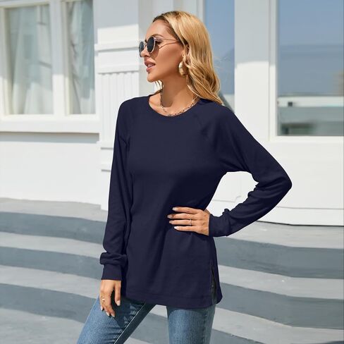 Womens Long Sleeve Shirts Casual Crewneck Blouses Fashion Side Split Tunic Tops for Leggings in Saudi Arabia