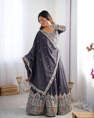 Leading Arts Women's Crepe Silk Sequence Embroidery and Zari Work Rajsthani Lehenga Choli with Dupatta in Saudi Arabia