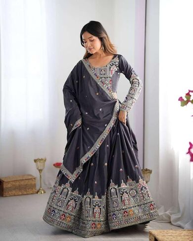 Leading Arts Women's Crepe Silk Sequence Embroidery and Zari Work Rajsthani Lehenga Choli with Dupatta in Saudi Arabia