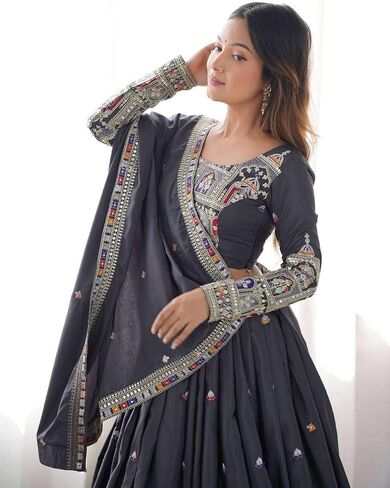 Leading Arts Women's Crepe Silk Sequence Embroidery and Zari Work Rajsthani Lehenga Choli with Dupatta in Saudi Arabia