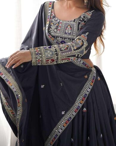 Leading Arts Women's Crepe Silk Sequence Embroidery and Zari Work Rajsthani Lehenga Choli with Dupatta in Saudi Arabia