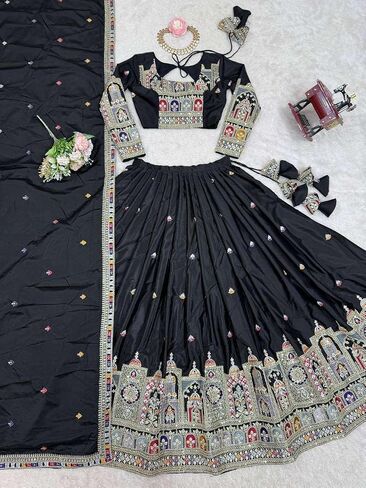 Leading Arts Women's Crepe Silk Sequence Embroidery and Zari Work Rajsthani Lehenga Choli with Dupatta in Saudi Arabia
