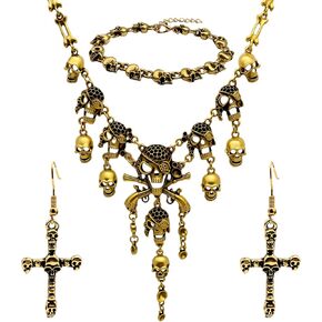 Pirate Jewelry for Women Gold Skull Skeleton Crossbones Pirate Necklace Earrings Bracelet Set Halloween Women's Gothic Pirate Costume Accessories in Saudi Arabia