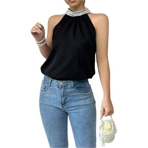 Women's Summer Halter Tops Beaded Sleeveless Blouses Casual Dressy Elegant Work Blouse Shirts in Saudi Arabia