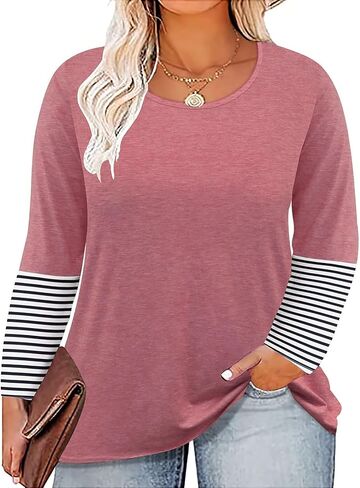 Plus Size Tops for Women Long Sleeve Crewneck Tunic Casual Colorblock Shirts Casual Tees Blouse XL-5XL in Saudi Arabia