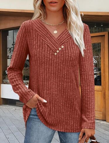 Sweaters for Women Long Sleeve Shirts V Neck Tops with Buttons Fall Fashion Outfits Winter Clothing 2025 in Saudi Arabia