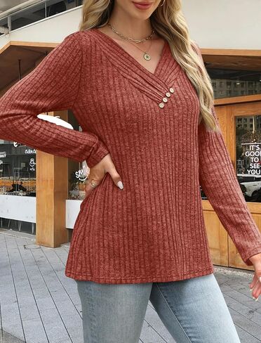 Sweaters for Women Long Sleeve Shirts V Neck Tops with Buttons Fall Fashion Outfits Winter Clothing 2025 in Saudi Arabia