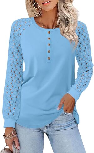 Minetom Womens Long Sleeve Shirts Lace Henley Tops Dressy Casual Blouses Fall Fashion Clothes in Kuwait