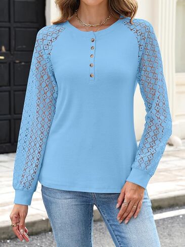 Minetom Womens Long Sleeve Shirts Lace Henley Tops Dressy Casual Blouses Fall Fashion Clothes in Kuwait
