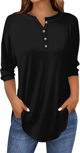 Henley Shirts for Women Fall Fashion 3/4 Length Sleeve Ladies Tops and Blouses Loose Fit Dressy Button Tunic Tops in Saudi Arabia