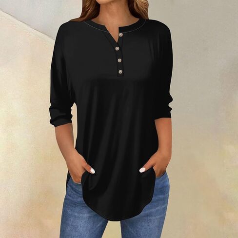 Henley Shirts for Women Fall Fashion 3/4 Length Sleeve Ladies Tops and Blouses Loose Fit Dressy Button Tunic Tops in Saudi Arabia