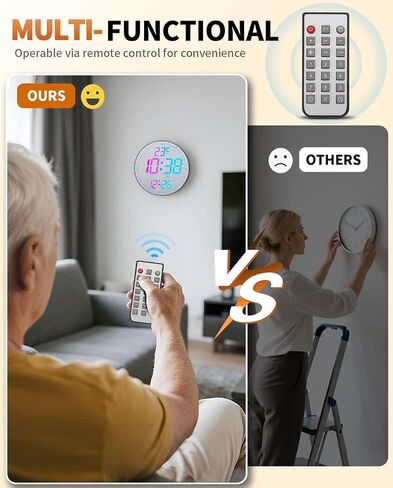 ساعة حائط رقمية كبيرة مقاس 12 بوصة، مؤقت تنازلي، منبه، مصباح LED كبير، 12 لون RGB، درجة حرارة لمكتب غرفة المعيشة، عيد الميلاد، هدية عيد ميلاد للأب الكبير (دائري) in Saudi Arabia
