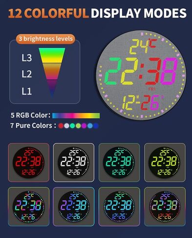 ساعة حائط رقمية كبيرة مقاس 12 بوصة، مؤقت تنازلي، منبه، مصباح LED كبير، 12 لون RGB، درجة حرارة لمكتب غرفة المعيشة، عيد الميلاد، هدية عيد ميلاد للأب الكبير (دائري) in Saudi Arabia