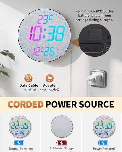 ساعة حائط رقمية كبيرة مقاس 12 بوصة، مؤقت تنازلي، منبه، مصباح LED كبير، 12 لون RGB، درجة حرارة لمكتب غرفة المعيشة، عيد الميلاد، هدية عيد ميلاد للأب الكبير (دائري) in Saudi Arabia