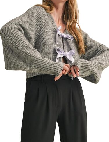 Esmeling Women’s Long Sleeve Crop Cardigan Sweaters Chic Loose V Neck Knit Sweater Outerwear with Bow Tie in Saudi Arabia