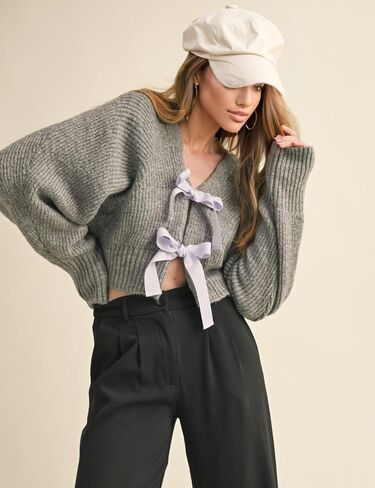 Esmeling Women’s Long Sleeve Crop Cardigan Sweaters Chic Loose V Neck Knit Sweater Outerwear with Bow Tie in Saudi Arabia