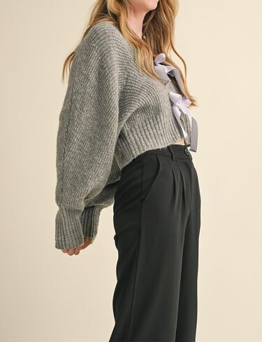 Esmeling Women’s Long Sleeve Crop Cardigan Sweaters Chic Loose V Neck Knit Sweater Outerwear with Bow Tie in Saudi Arabia