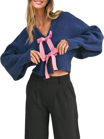 Esmeling Women’s Long Sleeve Crop Cardigan Sweaters Chic Loose V Neck Knit Sweater Outerwear with Bow Tie in Saudi Arabia