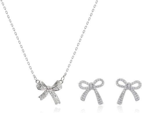 Bow Necklace Earrings Set for Women Bow Jewelry Set Rhinestone Pendant Necklace Gold Silver Earrings Christmas Gifts for Stocking Stuffers in Saudi Arabia