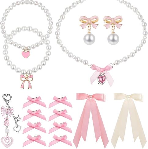 26pcs Coquette Pink Jewelry Set for Women Pearl Choker Necklace Layered Bracelet Bows Earrings Pink Hair Bow Y2k Keychains Coquette Accessories Gift for Christmas Birthday Wedding Party in Saudi Arabia