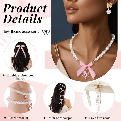26pcs Coquette Pink Jewelry Set for Women Pearl Choker Necklace Layered Bracelet Bows Earrings Pink Hair Bow Y2k Keychains Coquette Accessories Gift for Christmas Birthday Wedding Party in Saudi Arabia