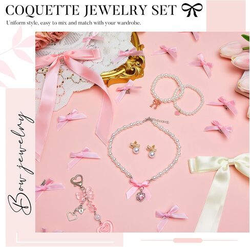 26pcs Coquette Pink Jewelry Set for Women Pearl Choker Necklace Layered Bracelet Bows Earrings Pink Hair Bow Y2k Keychains Coquette Accessories Gift for Christmas Birthday Wedding Party in Saudi Arabia