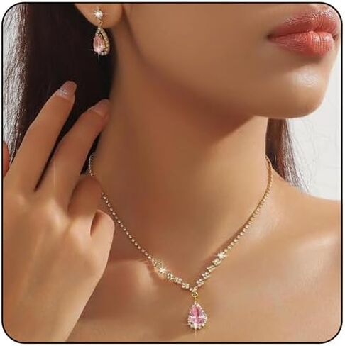 Rhinestone Zircon Necklace Earring Set for Women Vintage Crystal Teardrop Dangle Earring Necklace Statement Colourful Gemstone Necklace Earring Set Wedding Party Bride Bridesmaid Fashion Jewellery in Saudi Arabia