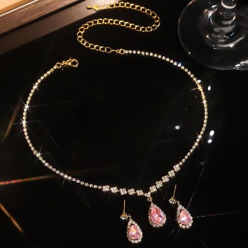 Rhinestone Zircon Necklace Earring Set for Women Vintage Crystal Teardrop Dangle Earring Necklace Statement Colourful Gemstone Necklace Earring Set Wedding Party Bride Bridesmaid Fashion Jewellery in Saudi Arabia