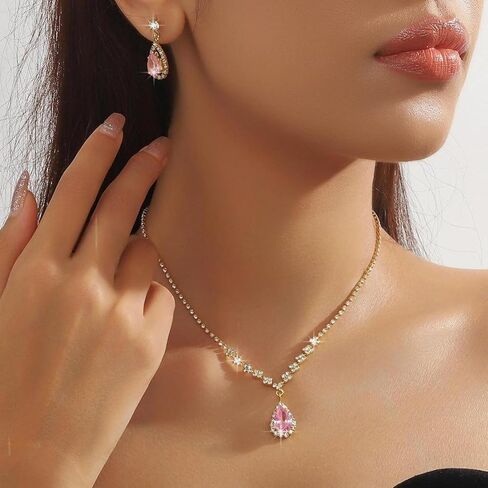 Rhinestone Zircon Necklace Earring Set for Women Vintage Crystal Teardrop Dangle Earring Necklace Statement Colourful Gemstone Necklace Earring Set Wedding Party Bride Bridesmaid Fashion Jewellery in Saudi Arabia
