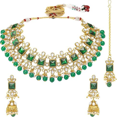 Aheli Traditional Crystal Choker Necklace Earring Maang Tikka Jewellery Set Gift for Women in Saudi Arabia