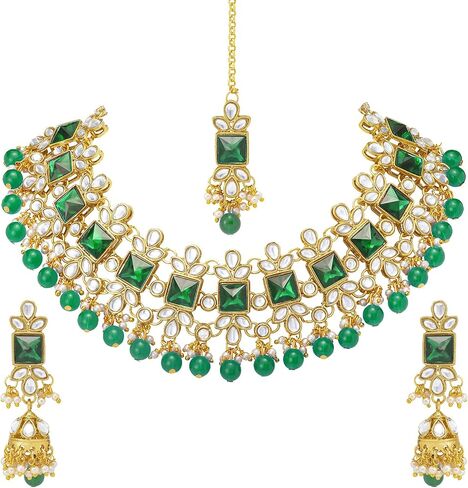 Aheli Traditional Crystal Choker Necklace Earring Maang Tikka Jewellery Set Gift for Women in Saudi Arabia