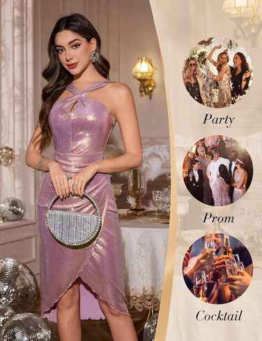 Wedtrend Sparkly Dresses for Women Halter Formal Cocktail Dresses Midi Sequin Dress 80s Prom Disco Dress in Kuwait