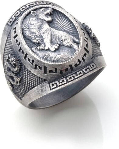 Tiger Dragon Silver Signet Ring, 0.024 lbs, 0,98 x 0,82 Inch, Gothic Jewelry for Men with Greek Mythology Inspiration, Ideal Boss Leaving Gift and Customized Accessory in Saudi Arabia