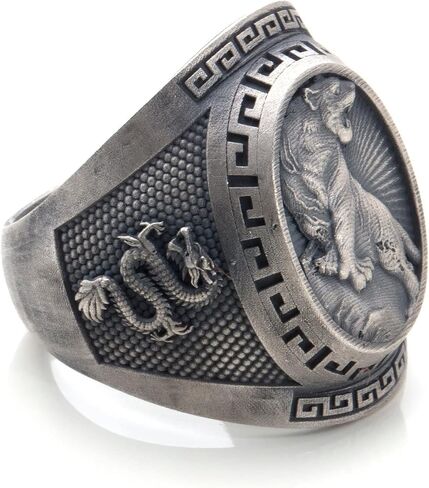 Tiger Dragon Silver Signet Ring, 0.024 lbs, 0,98 x 0,82 Inch, Gothic Jewelry for Men with Greek Mythology Inspiration, Ideal Boss Leaving Gift and Customized Accessory in Saudi Arabia