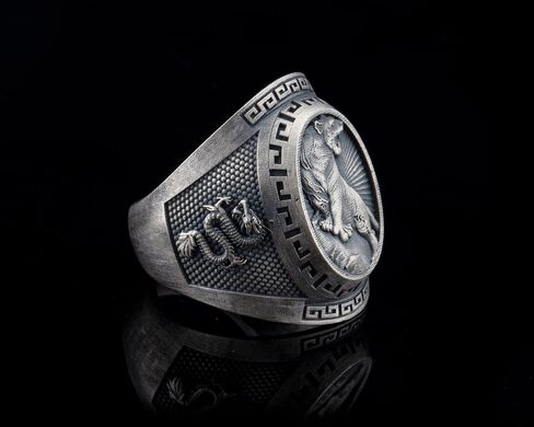 Tiger Dragon Silver Signet Ring, 0.024 lbs, 0,98 x 0,82 Inch, Gothic Jewelry for Men with Greek Mythology Inspiration, Ideal Boss Leaving Gift and Customized Accessory in Saudi Arabia
