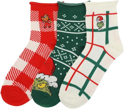 Bioworld The Grinch & Max Character Prints Women's 3-Pair Pack Casual Quarter Crew Socks in Saudi Arabia