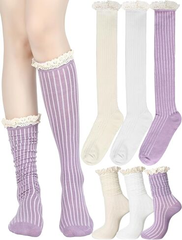 3 Pairs Cotton Knit Boot Socks Knee High Stockings with Lace Trim Slouch Stacked Scrunch Socks in Saudi Arabia