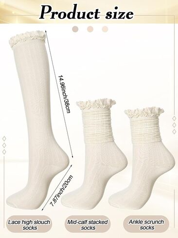 3 Pairs Cotton Knit Boot Socks Knee High Stockings with Lace Trim Slouch Stacked Scrunch Socks in Saudi Arabia