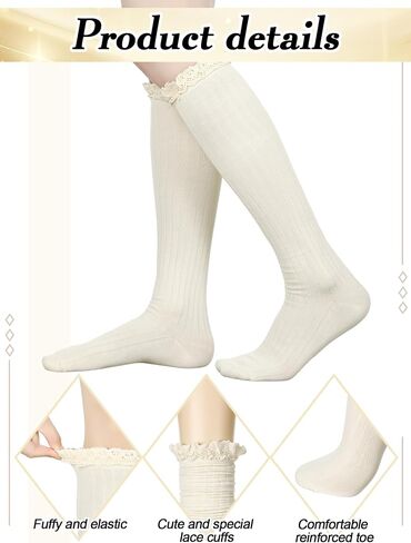 3 Pairs Cotton Knit Boot Socks Knee High Stockings with Lace Trim Slouch Stacked Scrunch Socks in Saudi Arabia